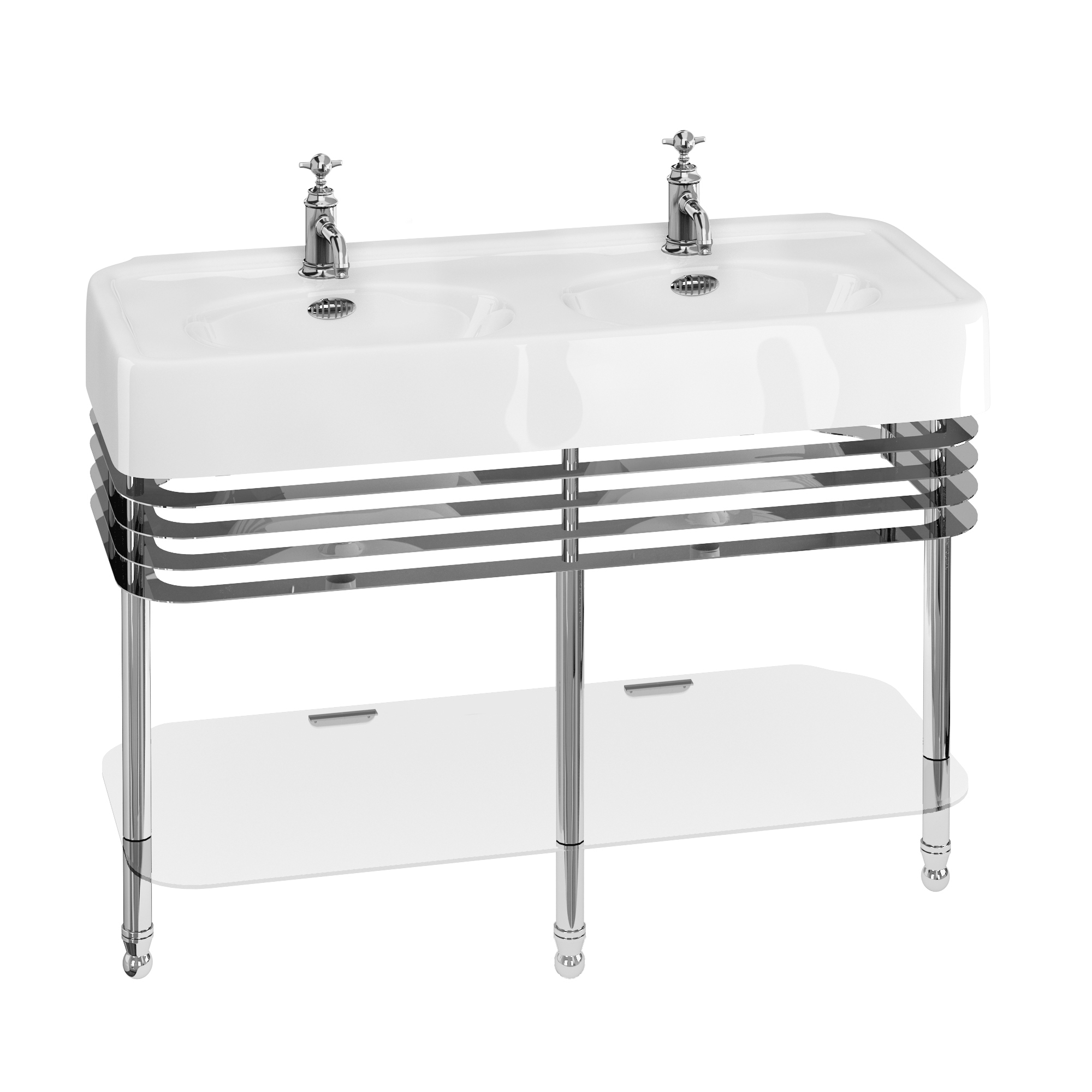 Arcade 1200mm basin with chrome overflow & basin stand with double basin & overflows